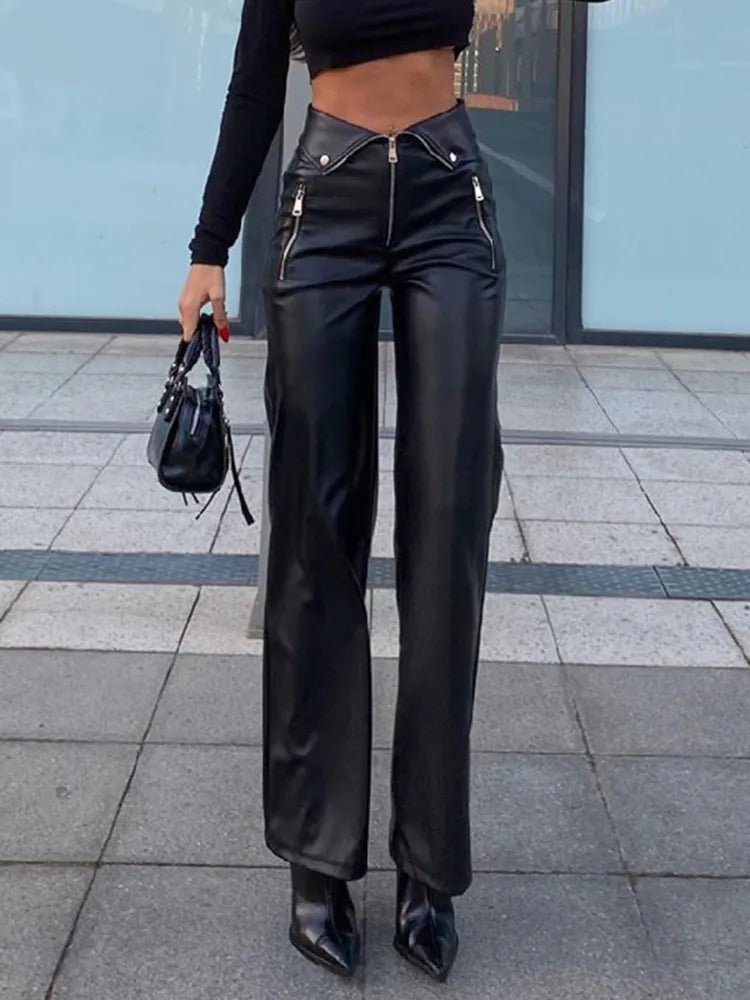 PU Leather High-Waisted Wide-Leg Pants