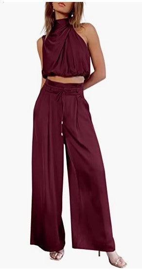 Sleeveless Crop Top with Stand Collar + Wide-Leg Two-Piece Set
