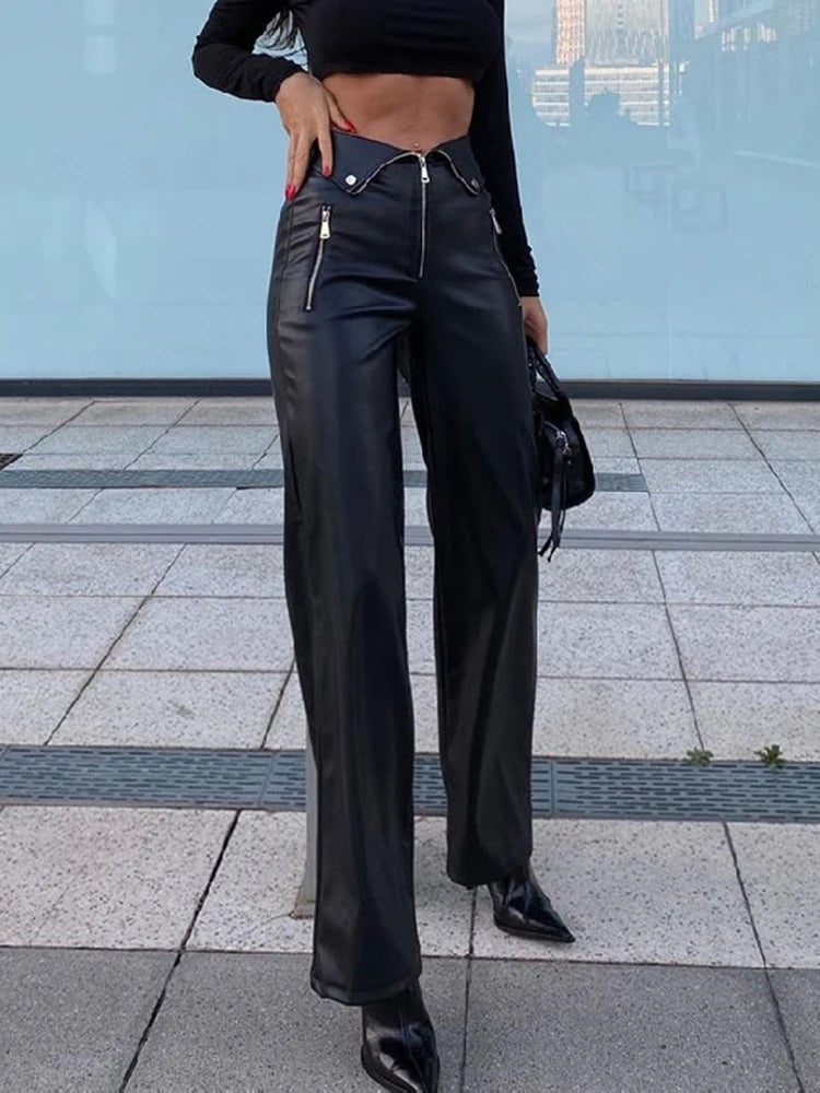 PU Leather High-Waisted Wide-Leg Pants