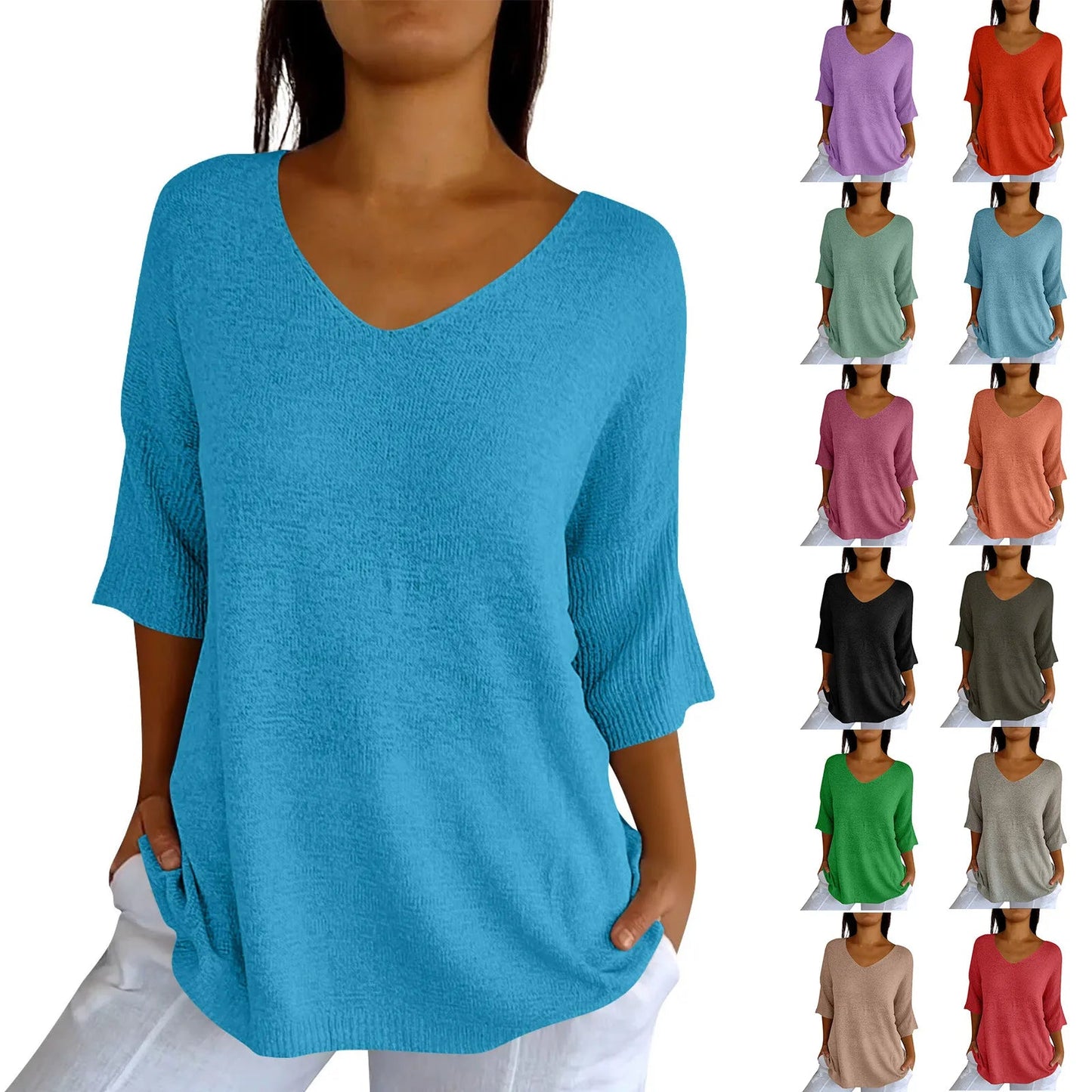 V-Neck Seven-Quarter Sleeve Knit Sweater