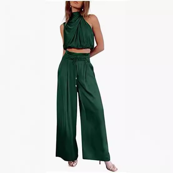 Sleeveless Crop Top with Stand Collar + Wide-Leg Two-Piece Set