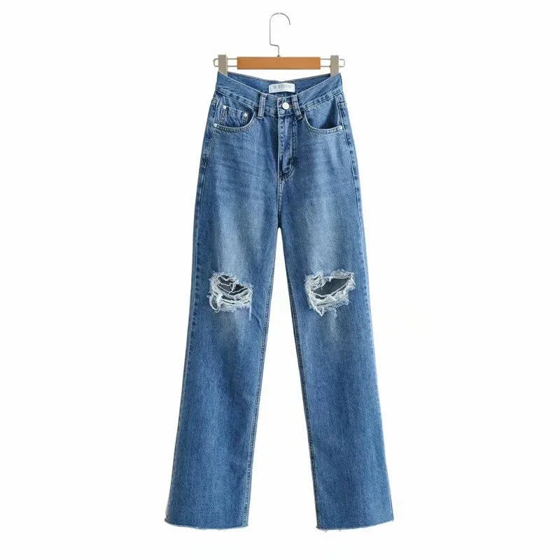 Denim Ripped High Waist Flare Jeans