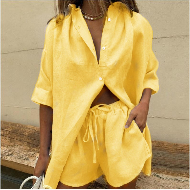 Short-Sleeve Shirt and Tie-Waist Shorts Two-Piece Set