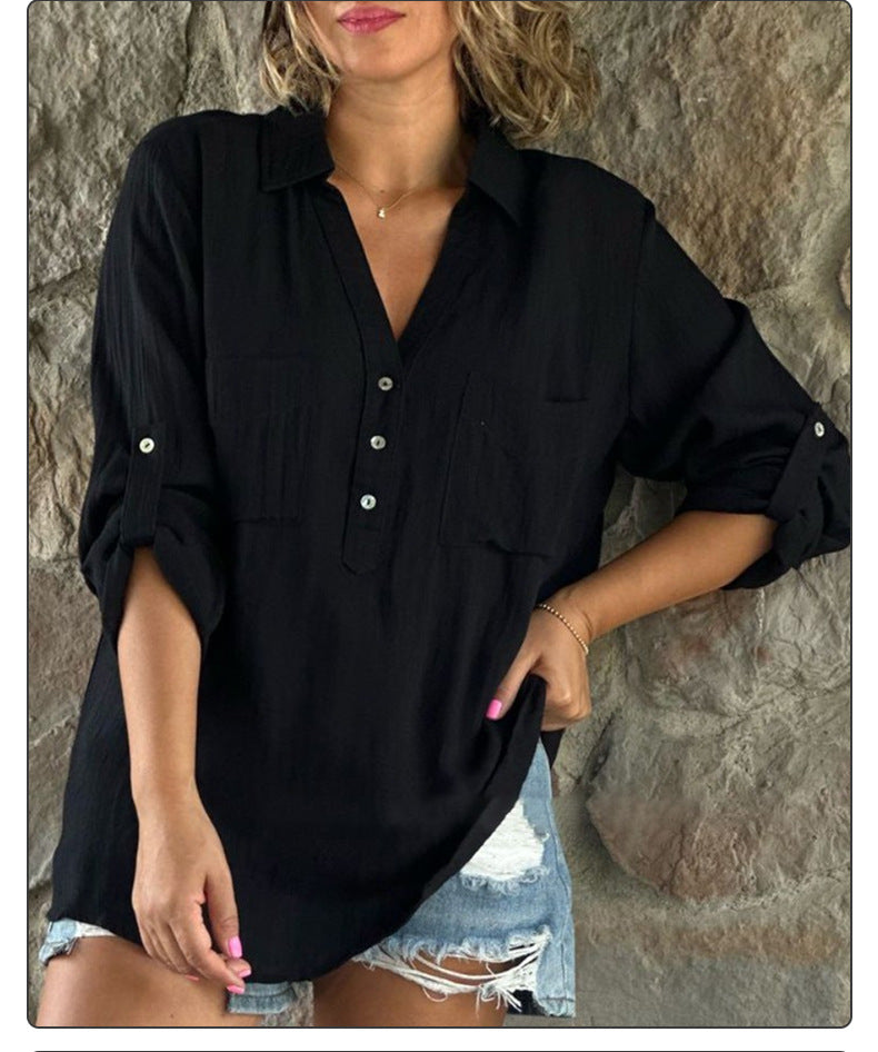 Color Cotton Linen Button Long Sleeve Shirt