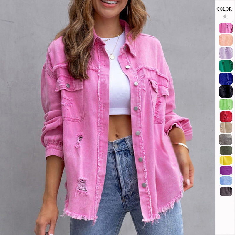 Distressed Mid-Length Denim Jacket