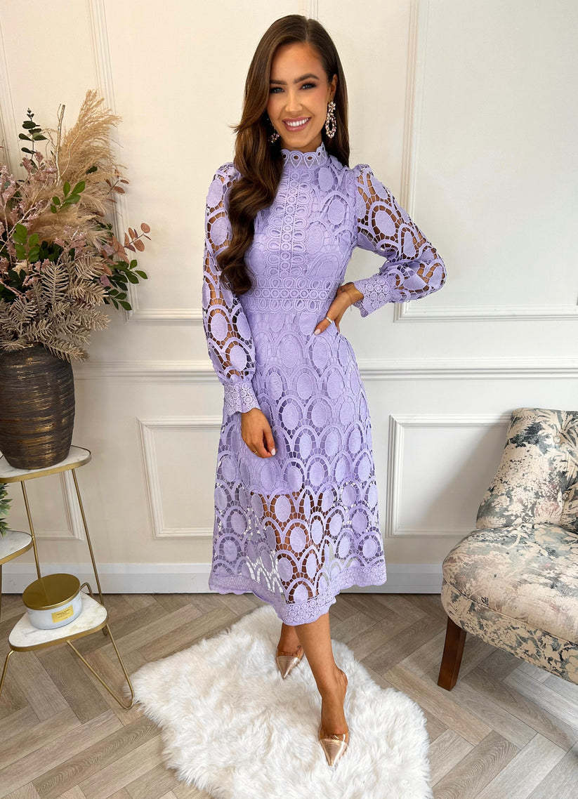 Lace Stand Collar Bubble Sleeve Dress
