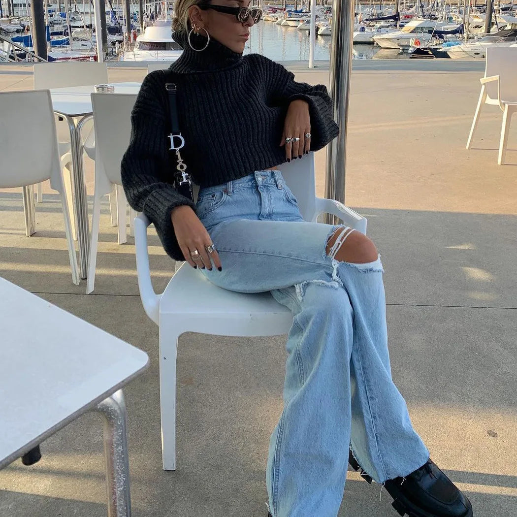 Denim Ripped High Waist Flare Jeans