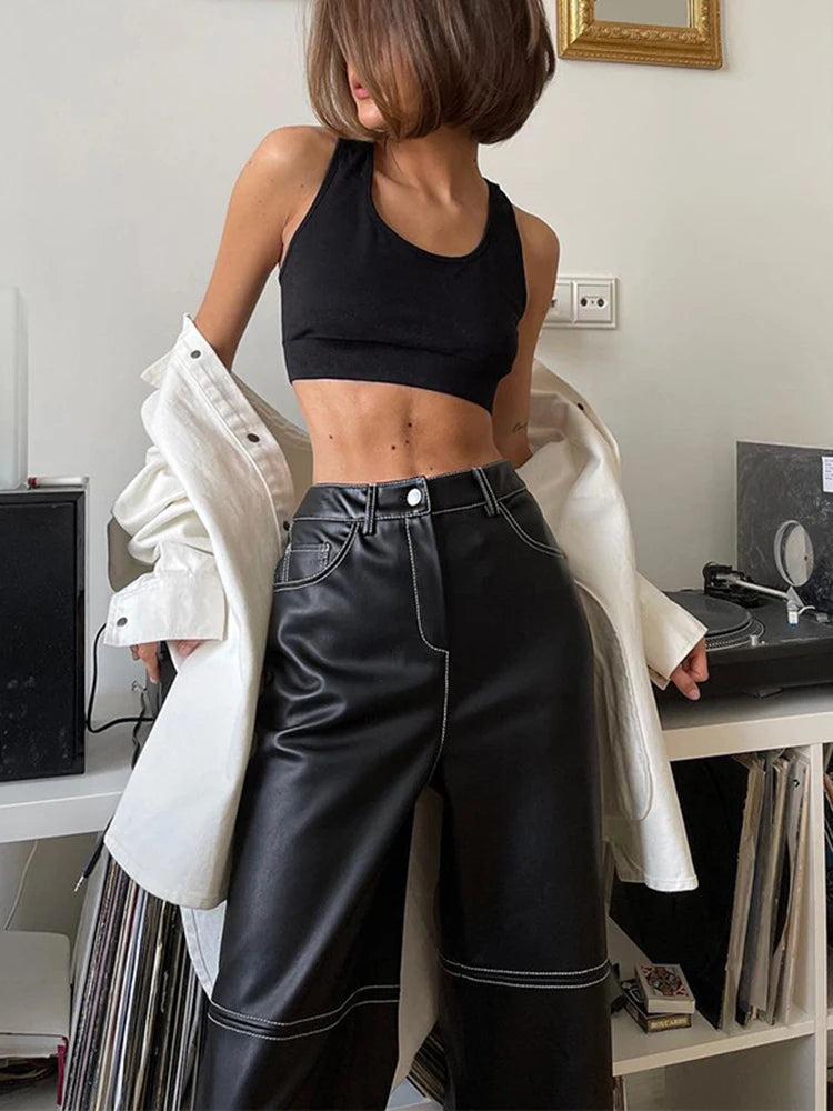 High-Waisted Slim Straight PU Leather Pants