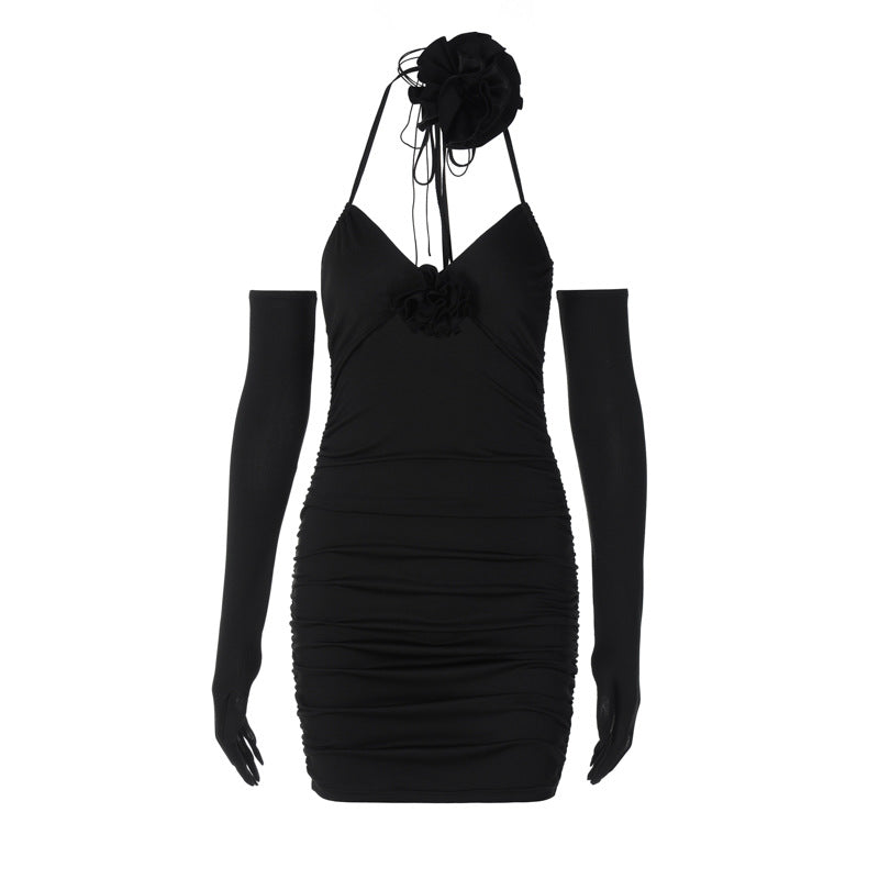 Elegant Black Rose Backless V-Neck Bodycon Mini Dress