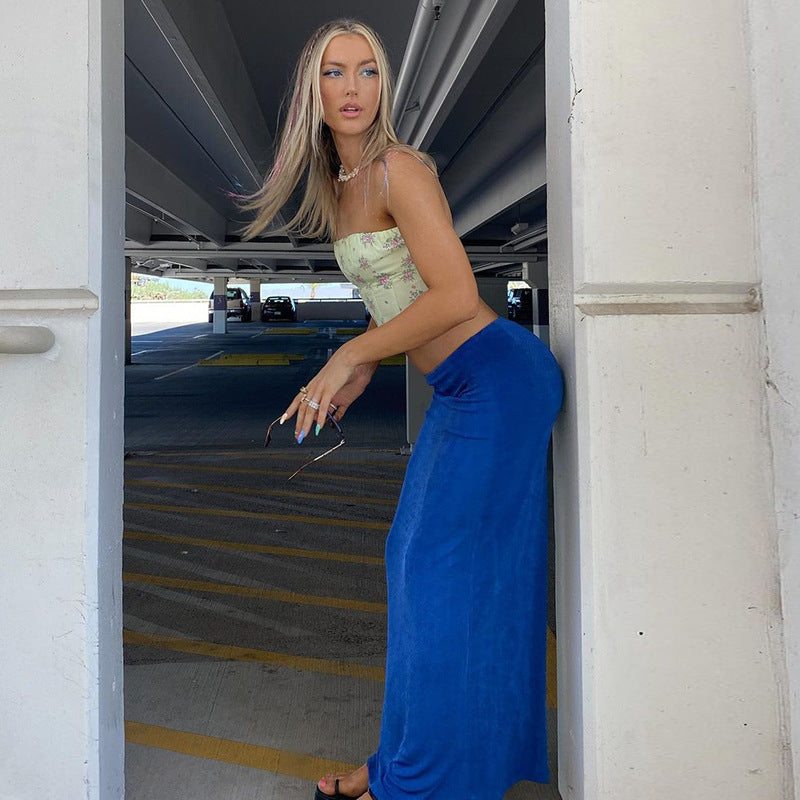 Elastic Solid Color Low Waist Maxi Skirt
