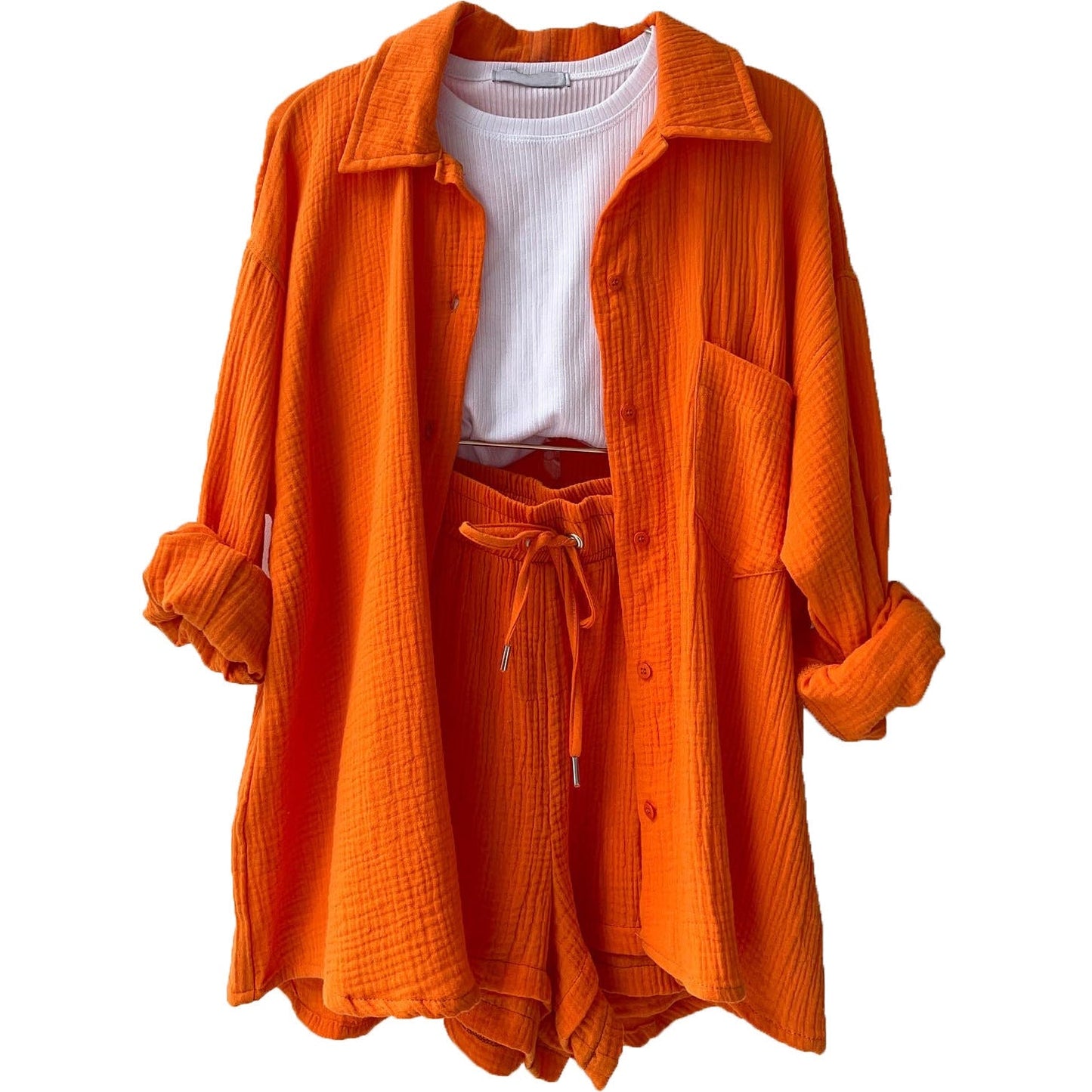 Crinkled Fabric Turn-Down Collar Shirt & High Waist Drawstring Shorts Set