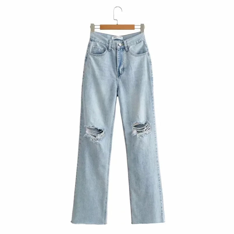 Denim Ripped High Waist Flare Jeans