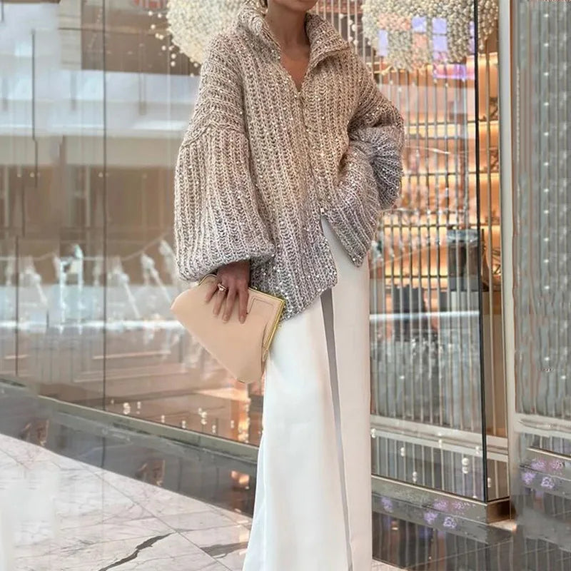 Sequined V-Neck Zipper Cardigan