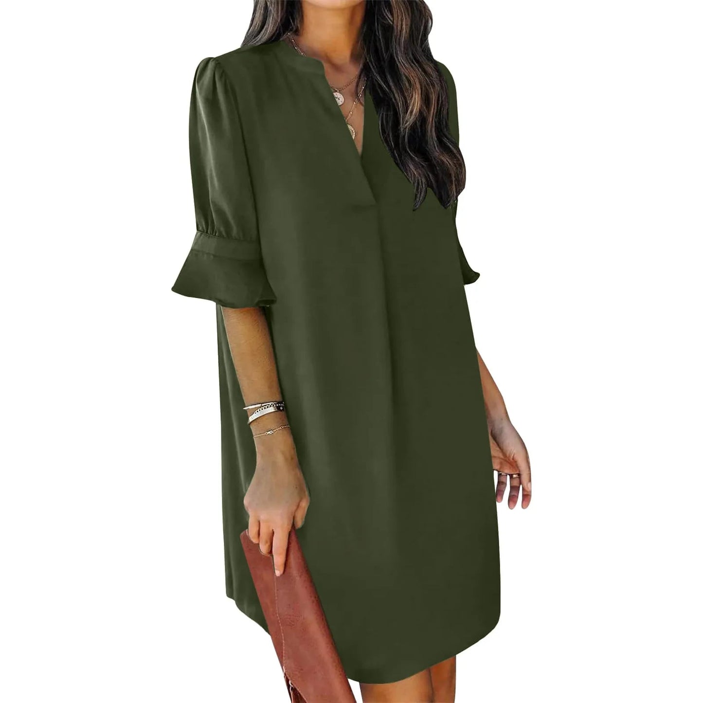 Solid Color Loose Fit V-Neck Pleated Short Sleeve Dress