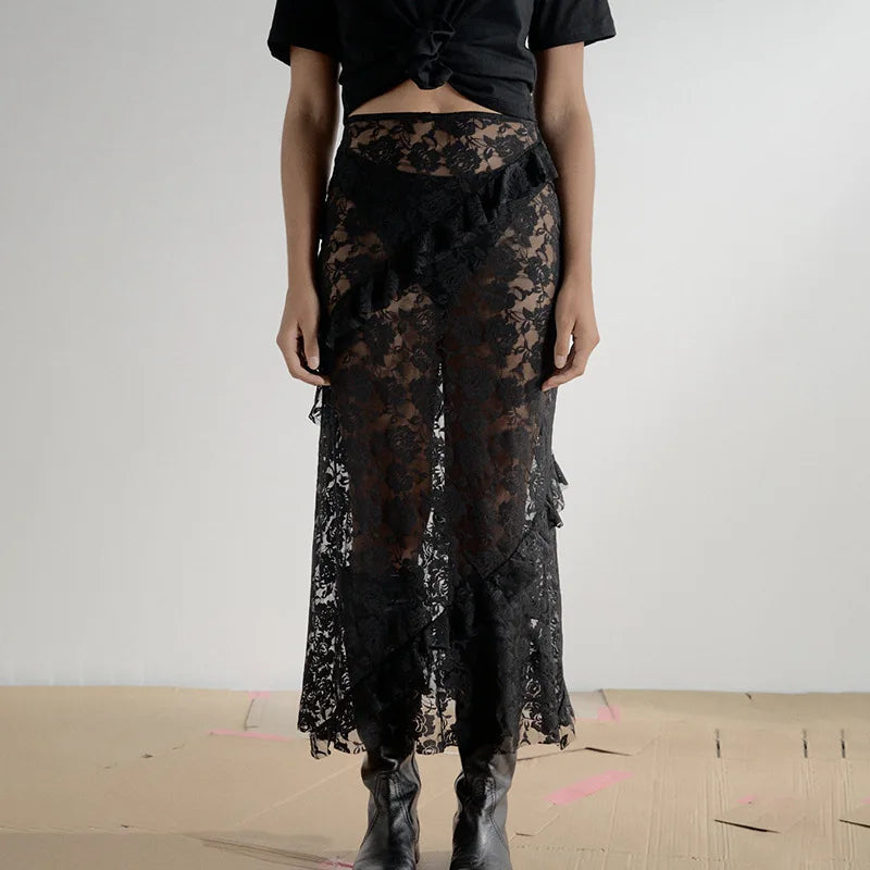 Lace Patchwork Sheer Maxi Skirt