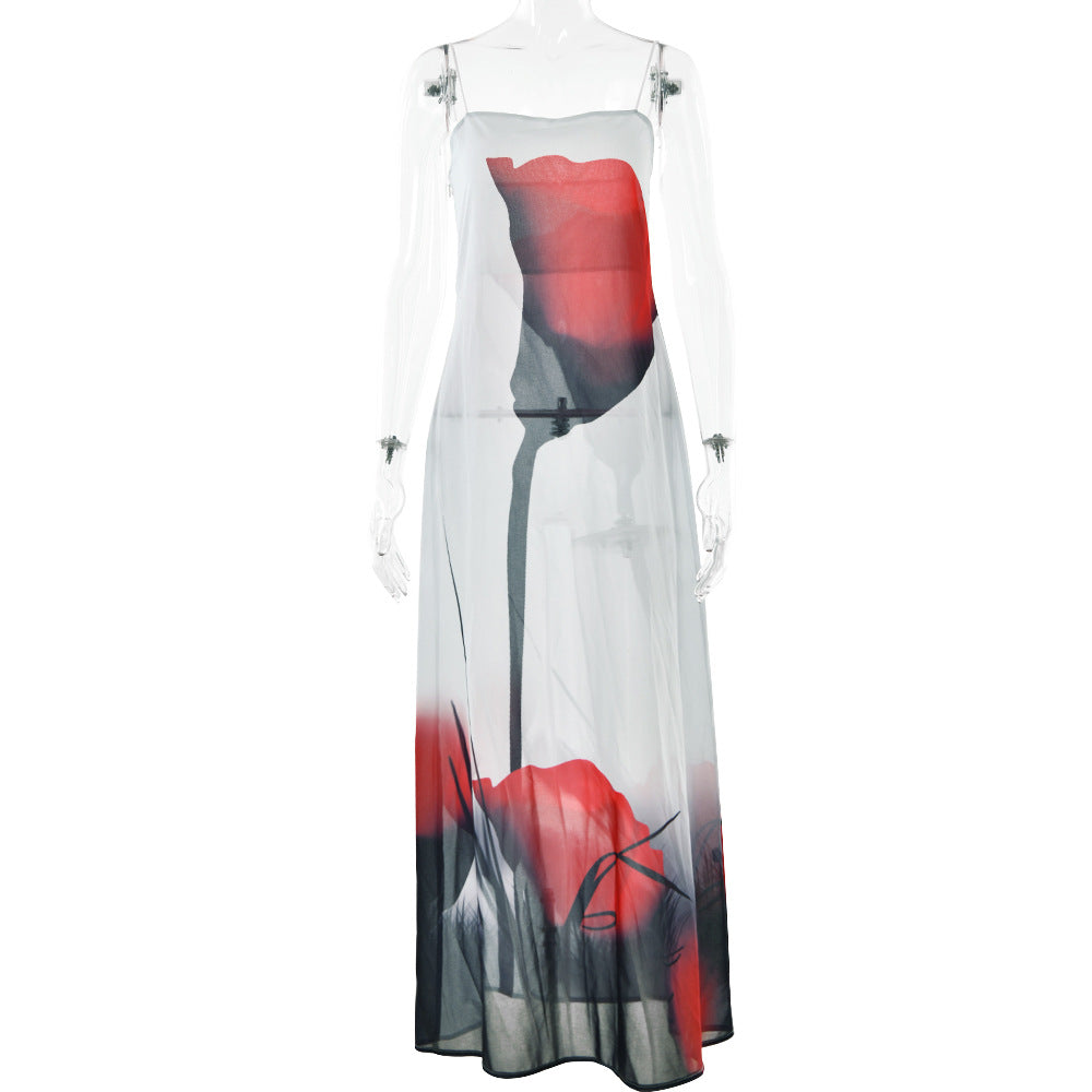 Printed Sheer Strap Camisole Dress