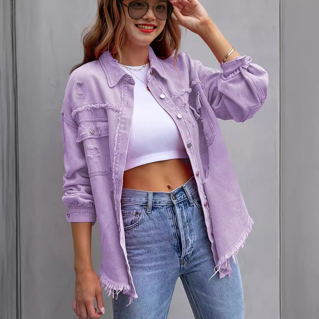 Distressed Mid-Length Denim Jacket