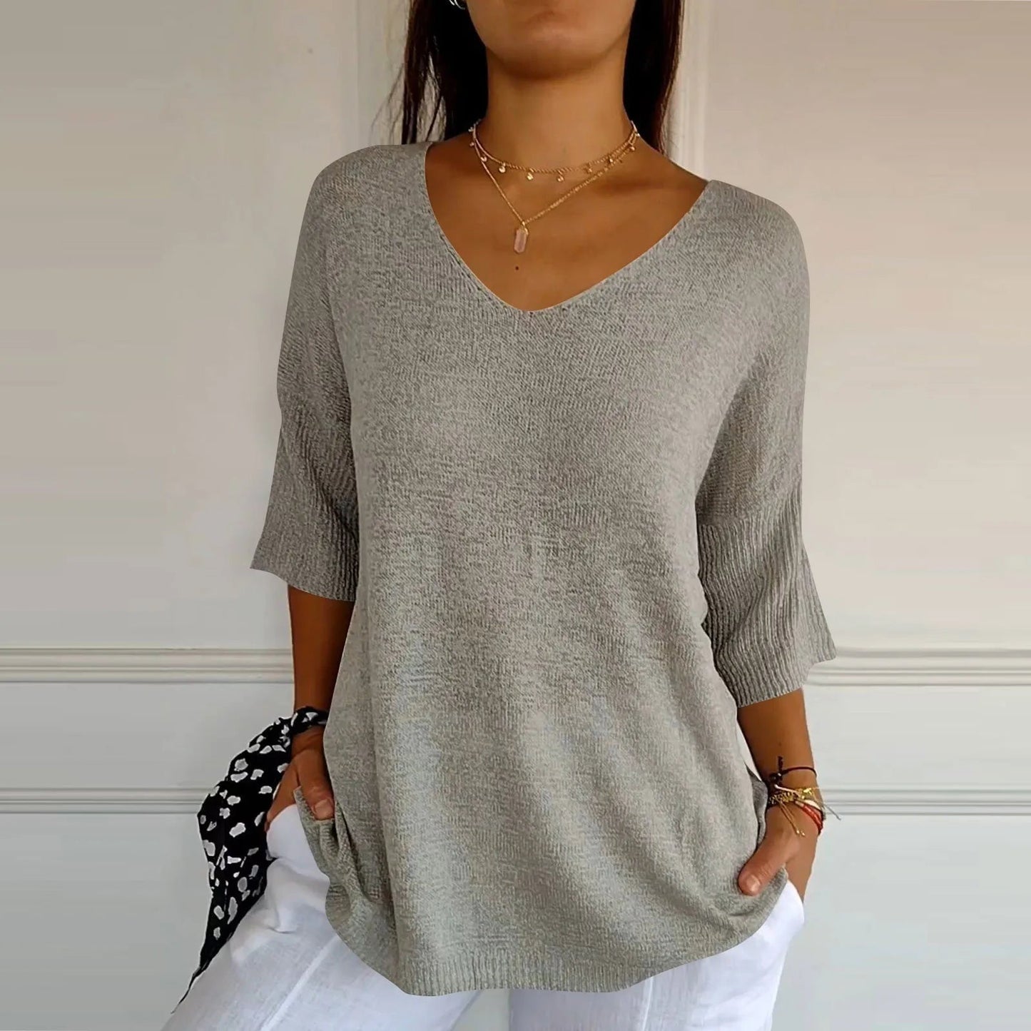V-Neck Seven-Quarter Sleeve Knit Sweater