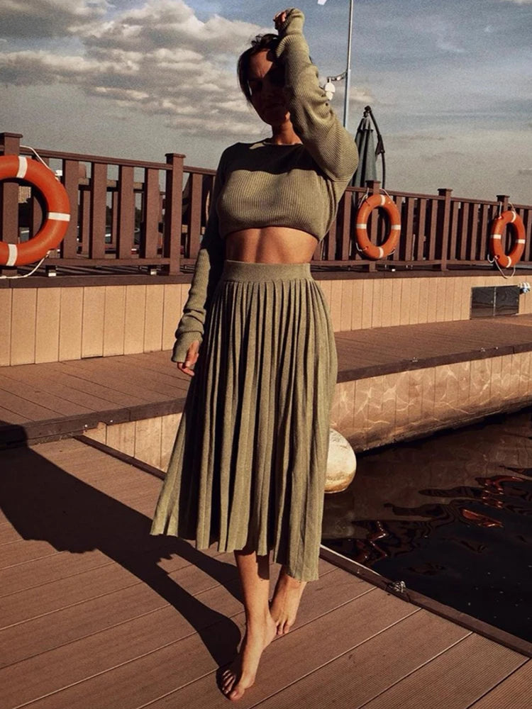 Sweater Cropped Top Midi Skirt Two Piece Set