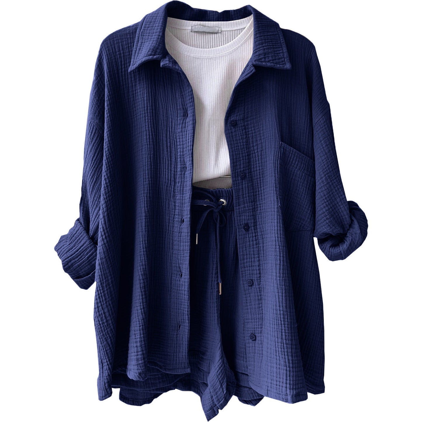 Crinkled Fabric Turn-Down Collar Shirt & High Waist Drawstring Shorts Set
