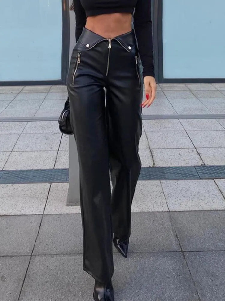 PU Leather High-Waisted Wide-Leg Pants