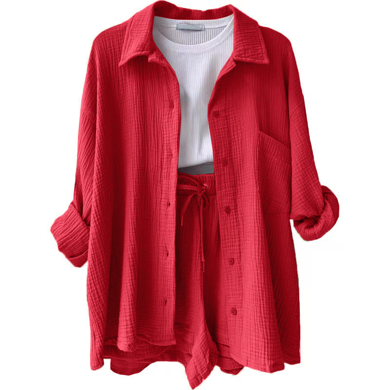 Crinkled Fabric Turn-Down Collar Shirt & High Waist Drawstring Shorts Set
