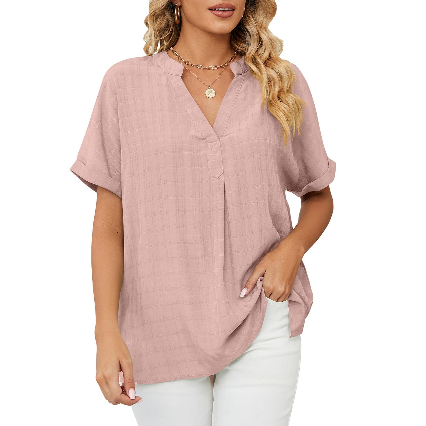 V-Neck Casual Loose Fit Pullover Shirt