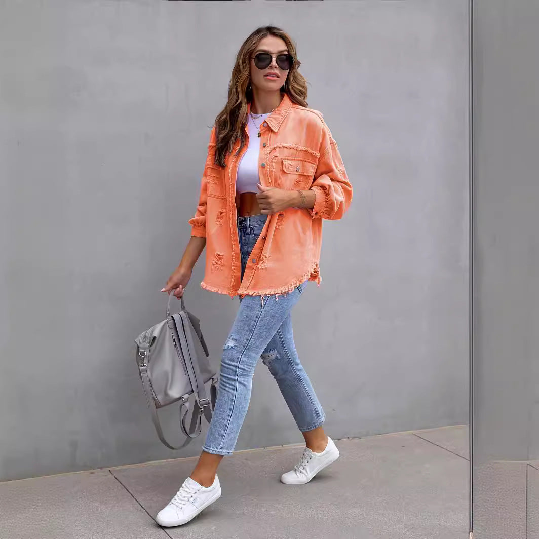 Distressed Mid-Length Denim Jacket