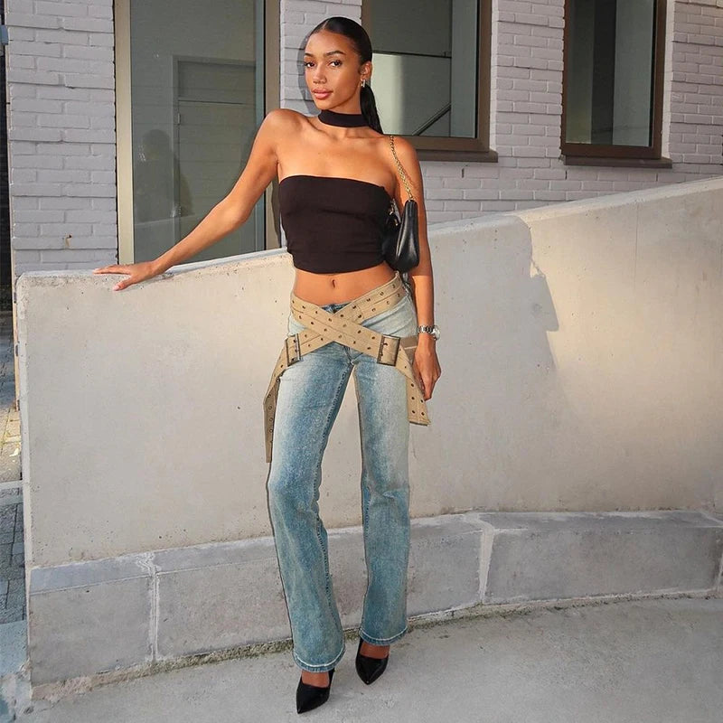 Vintage Distressed Low Rise Straight Leg Jeans