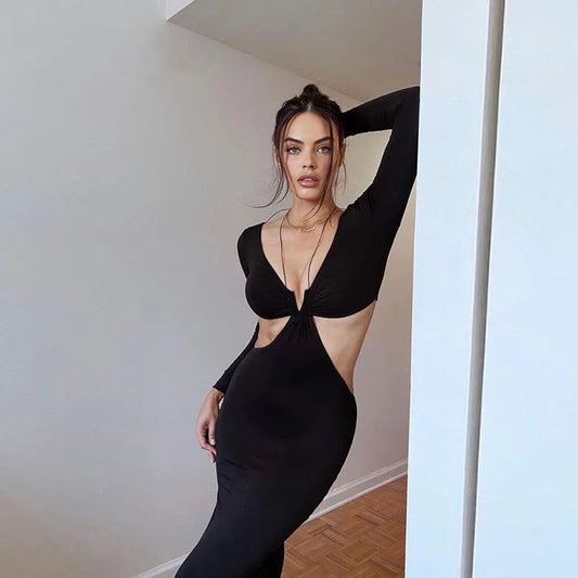 Long Sleeve Halter Cut-Out Black Maxi Dress