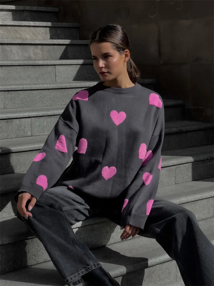 Heart Embroidery Loose Knit Pullover - Long Sleeve Sweater Top