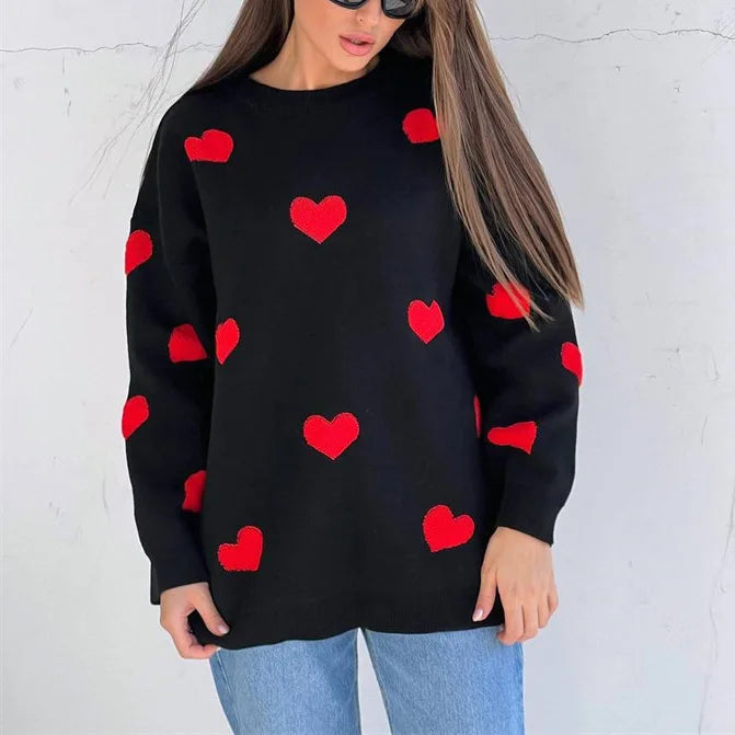 Heart Embroidery Loose Knit Pullover - Long Sleeve Sweater Top