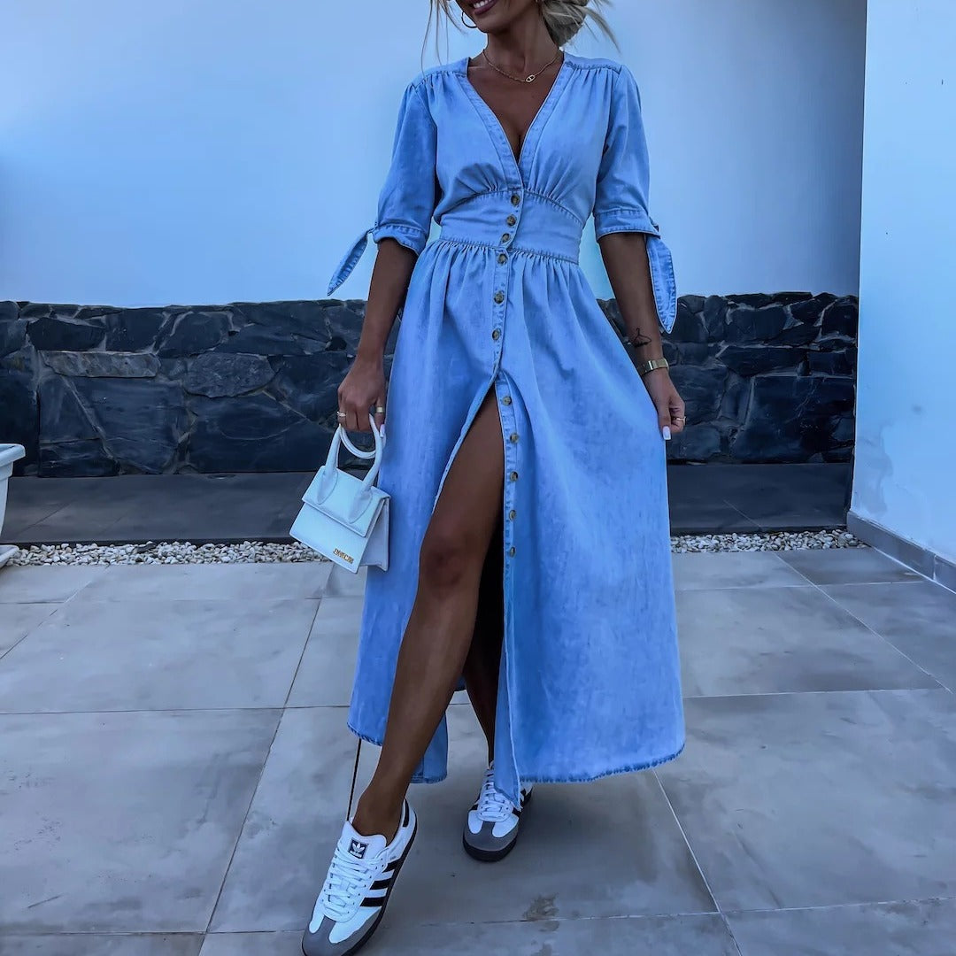 V-Neck Long Button Denim Dress