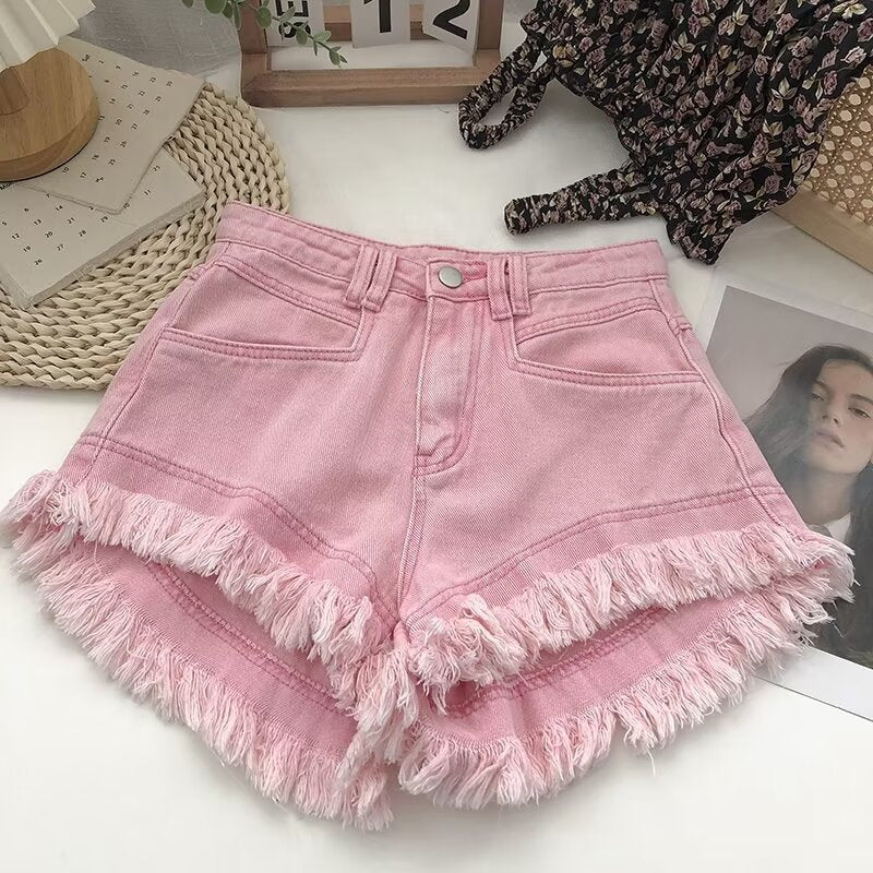 High-Waisted Tassel Hem Denim Shorts
