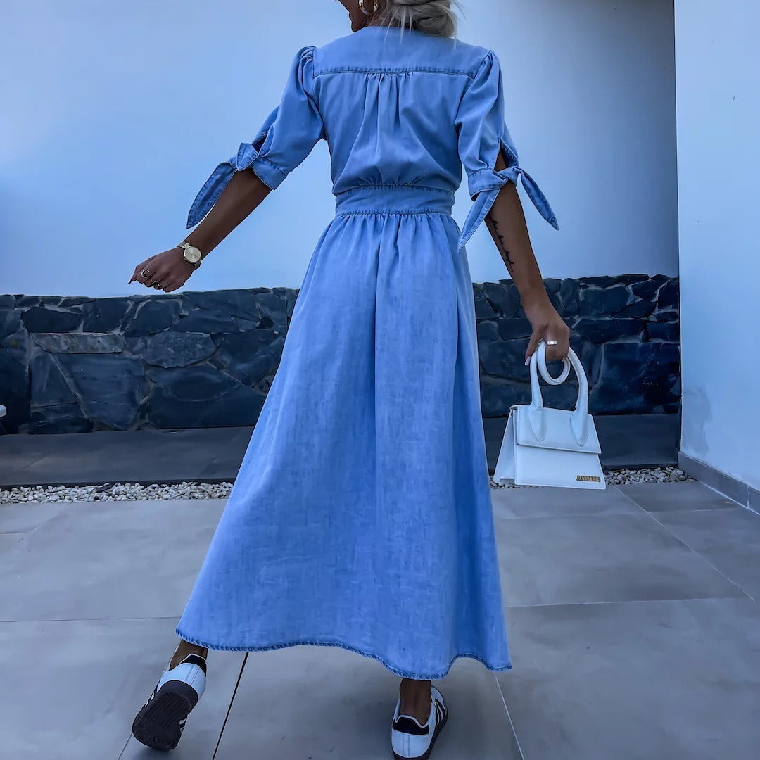 V-Neck Long Button Denim Dress