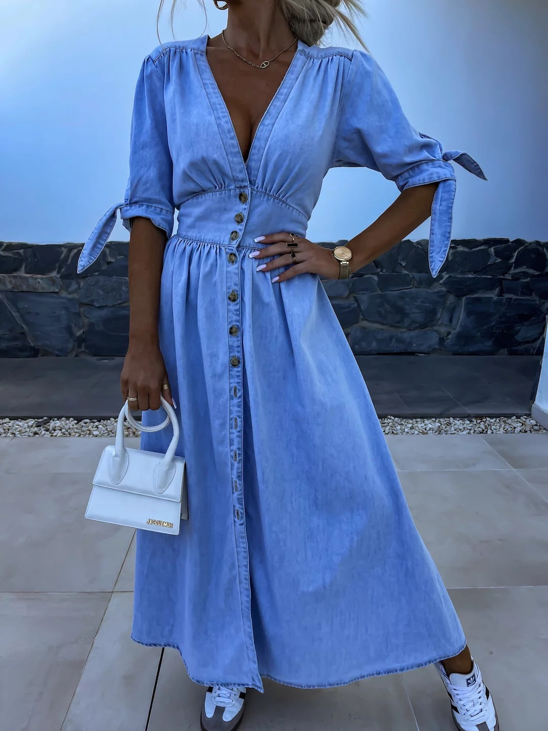 V-Neck Long Button Denim Dress