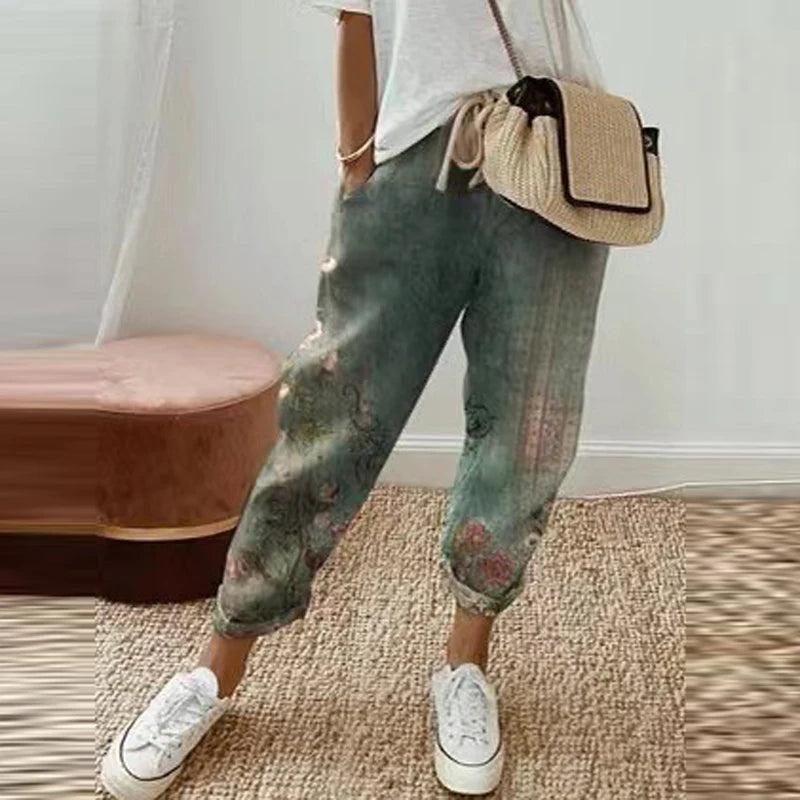 Cotton Linen Elastic Waist Casual Pants