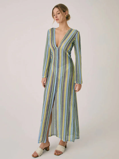 Crochet Hollow Out V-Neck Split Maxi Dress