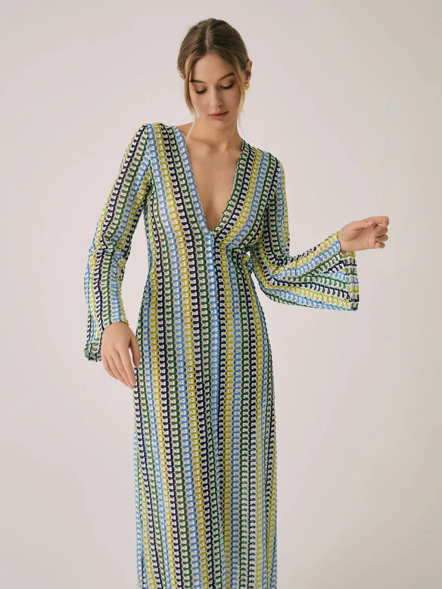 Crochet Hollow Out V-Neck Split Maxi Dress