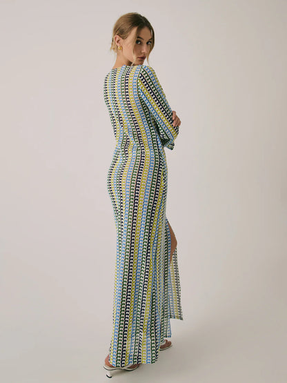 Crochet Hollow Out V-Neck Split Maxi Dress