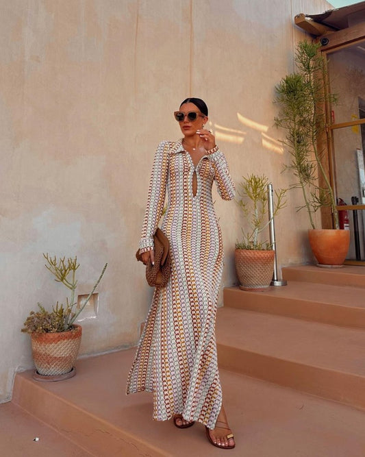 Crochet Hollow Out V-Neck Split Maxi Dress