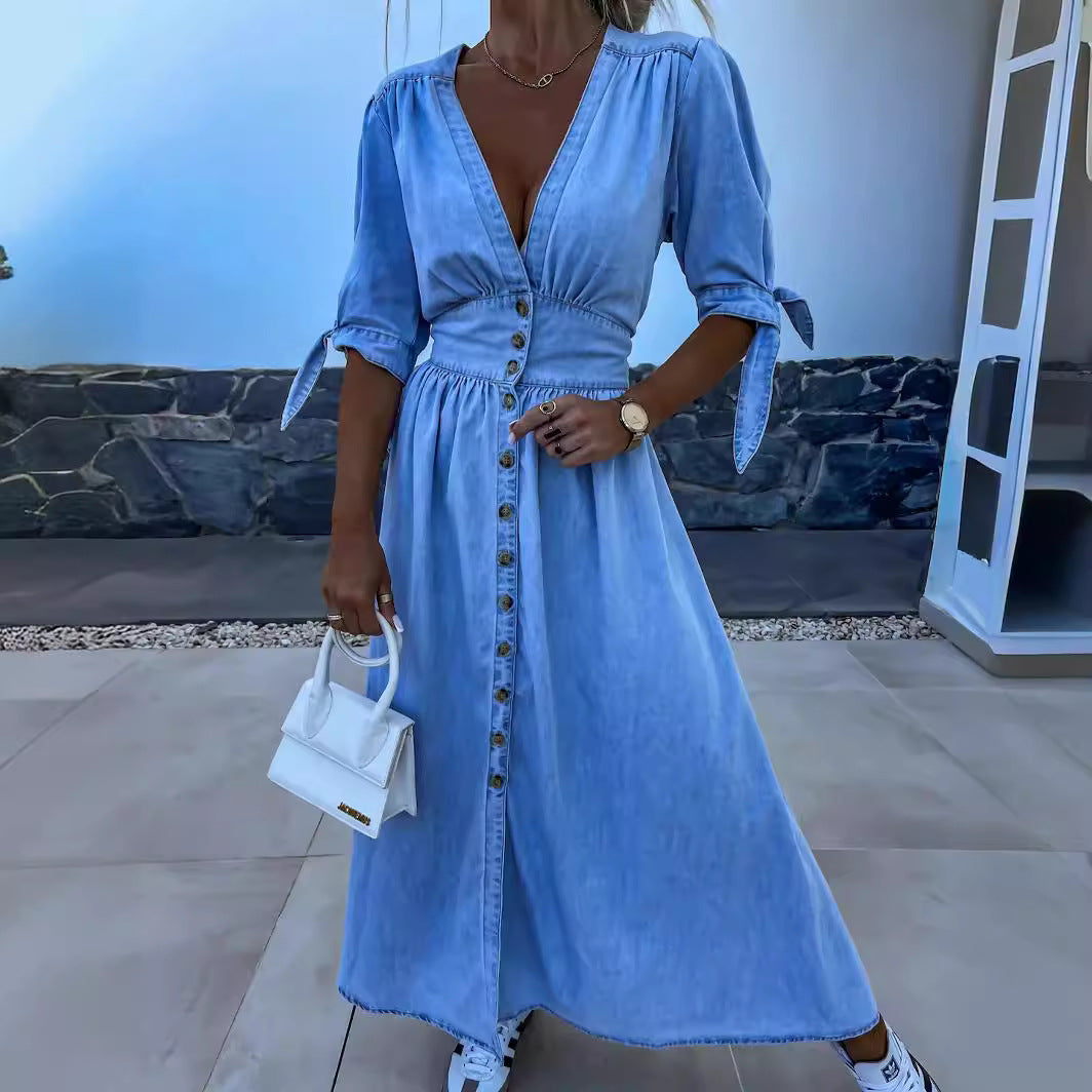 V-Neck Long Button Denim Dress