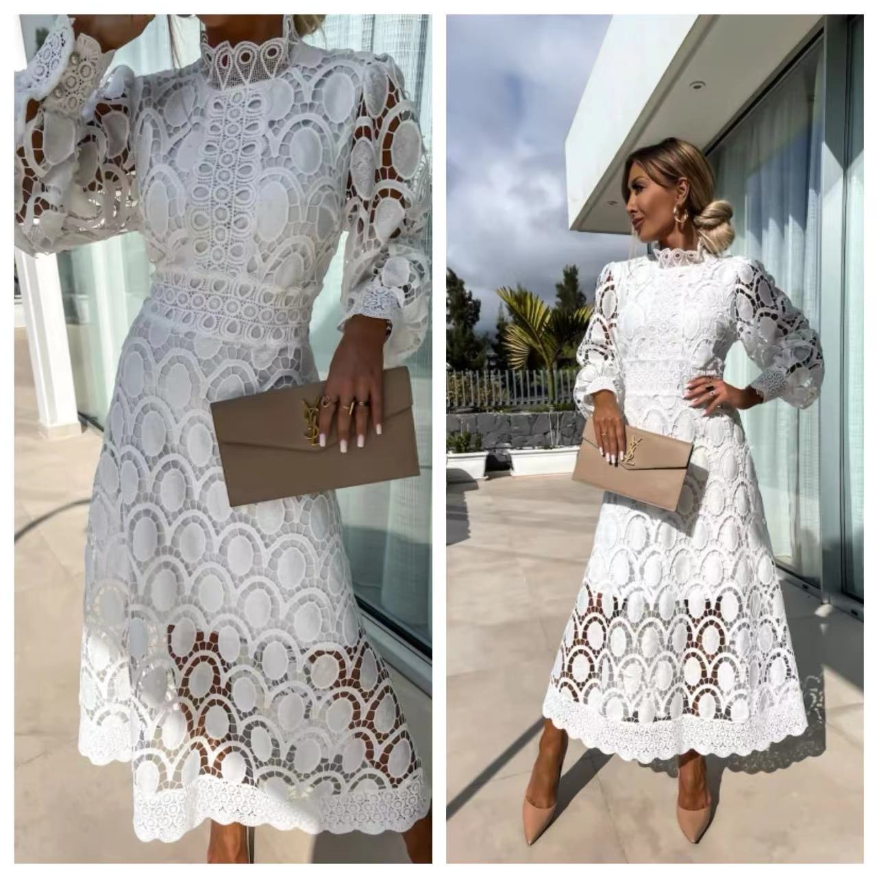 Lace Stand Collar Bubble Sleeve Dress
