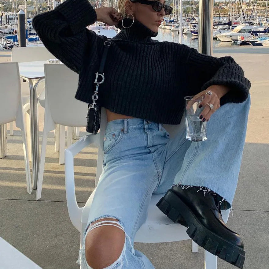 Denim Ripped High Waist Flare Jeans