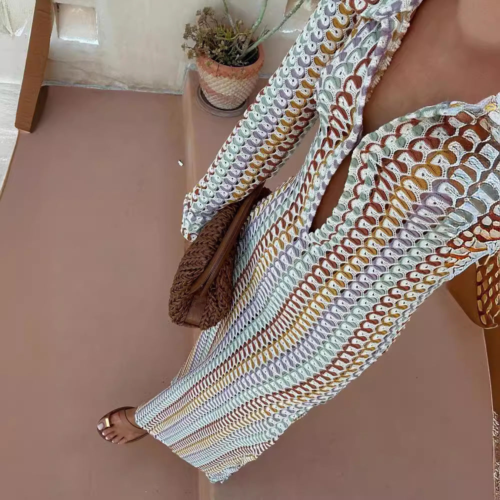 Crochet Hollow Out V-Neck Split Maxi Dress