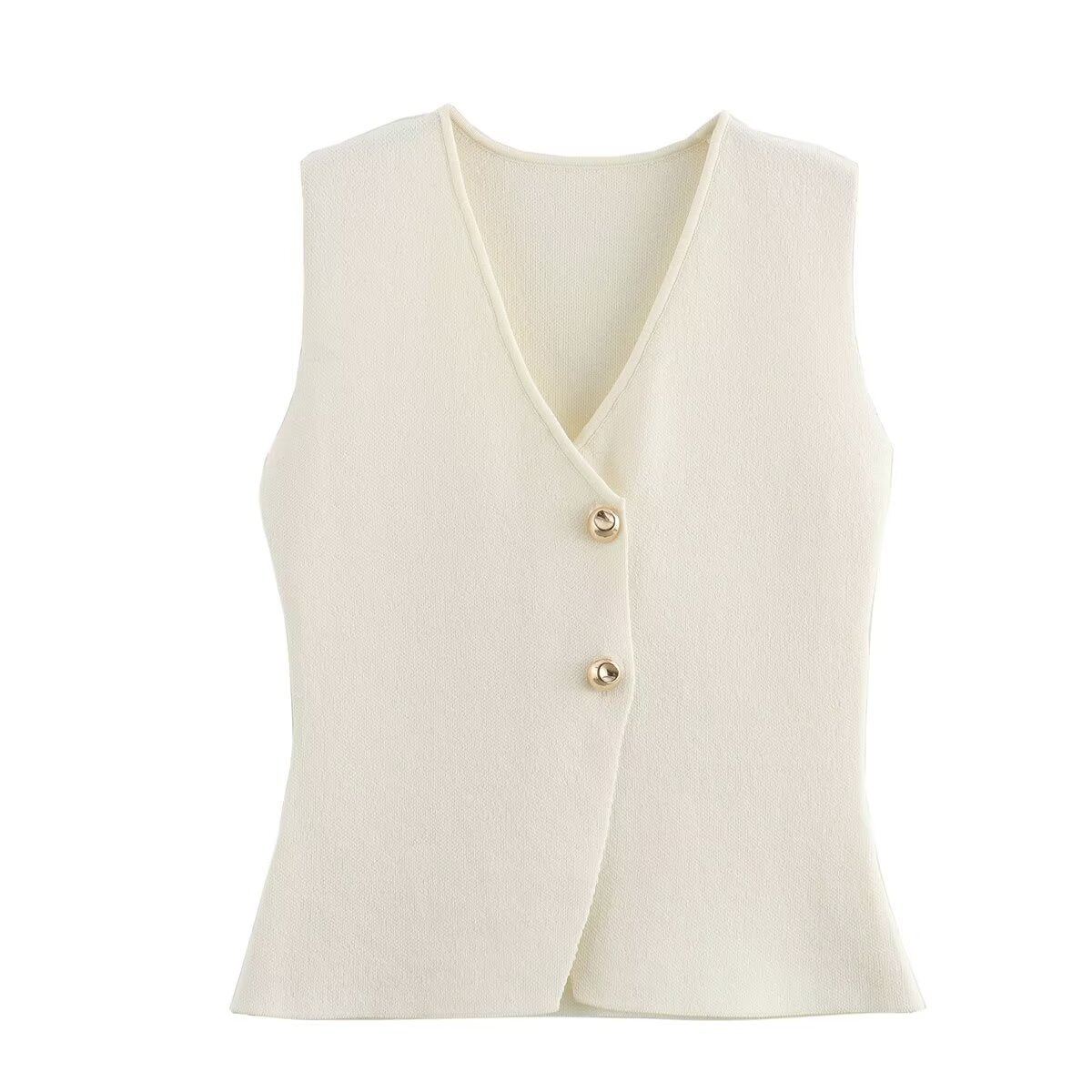 Gold Button Knit Vest and Skirt Two-Piece Set